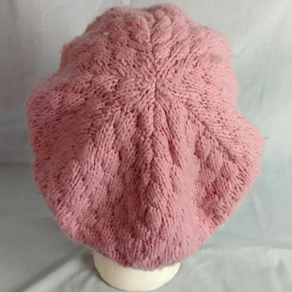 Vtg Knitted Beanie Beret By Hansen Made In USA Pink Open Knit 1980/90s